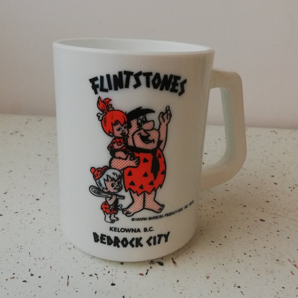 Vintage 1973 Flintstones Bedrock City Kelowna BC Milk Glass Mug